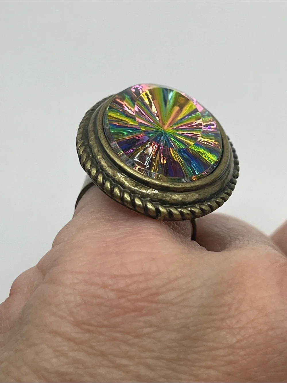Iridescent Multicolor Oval Statement Ring in Brass-Tone adjustable